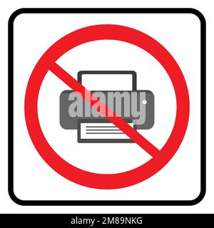 Icône de ligne d'imprimante dans le cercle rouge d'interdiction, symbole d'interdiction d'impression, symbole interdit. Illustration vectorielle isolée sur blanc. Icône pas d'impression. Impression Banque D'Images