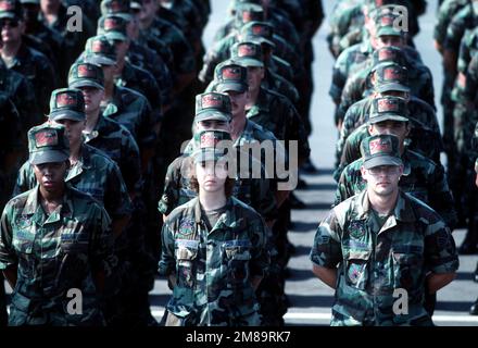 Les aviateurs du 33rd Escadron de communications de combat, 3rd Groupe de communications de combat (3rd GCC), se tiennent au repos du défilé lors de la cérémonie de remise du prix DU MGÉN Harold M. McClelland 1988. La GCC de 3rd a reçu le trophée pour avoir été nommée meilleure unité de communication de la Force aérienne en 1988. Base: Tinker Air Force base État: Oklahoma (OK) pays: États-Unis d'Amérique (USA) Banque D'Images