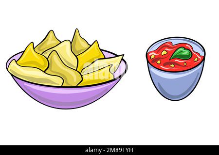 Illustration vectorielle de la cuisine mexicaine. Nachos et salsa. Illustration de style dessin animé plat. Illustration de Vecteur