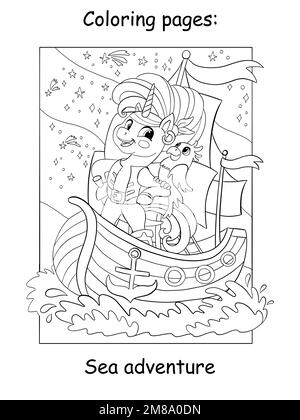 Cool unicorn pirate avec un perroquet voyageant en mer sur un navire. Page de livre de coloriage pour enfants. Illustration de dessin animé vectoriel sur fond blanc. Mise en plan linéaire Illustration de Vecteur