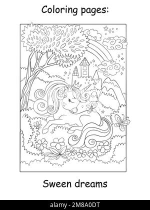 La jolie princesse unicorn rêve dans un pré fleuri. Page de livre de coloriage pour enfants. Illustration de dessin animé vectoriel sur fond blanc. Mise en plan linéaire. Pour colorin Illustration de Vecteur