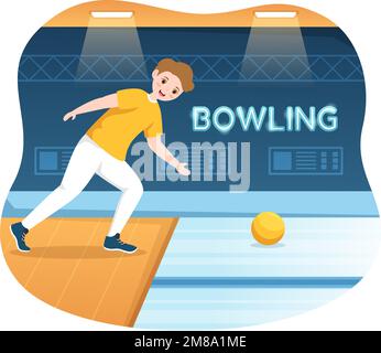 Illustration du jeu de bowling avec des épingles, des balles et des tableaux de bord dans un club de sport pour bannière Web ou page d'arrivée dans des modèles de dessin à la main de dessin animé à plat Illustration de Vecteur