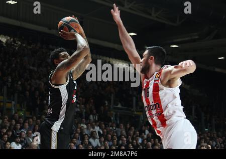 Bologne, Italie. 12th janvier 2023. Jordan Mickey (Segafredo Virtus Bologna) pendant le match de championnat de basket-ball de l'Euroligue Segafredo Virtus Bologna vs. Olympiacos Pirée - Bologna, 12 janvier 2022 à Segafredo Arena crédit: Agence de photo indépendante/Alamy Live News Banque D'Images