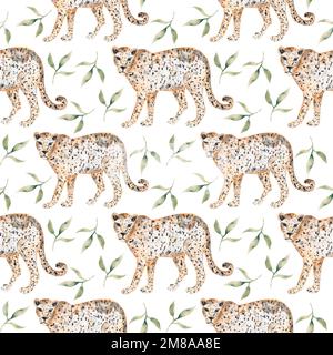Watercolor Jungle Leopard Digital Paper, Safari Animal Pattern, African Wild Cat, Tropical Jaguar, Cheetah, Impression Design pour tissu, scrapbook pape Banque D'Images