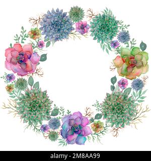 Aquarelle succulente couronne, cadre succulent dessiné à la main, cadre en forme de fleur de cactus, couronne de verdure, graphiques de douche de bébé, logo, mariage invit Banque D'Images