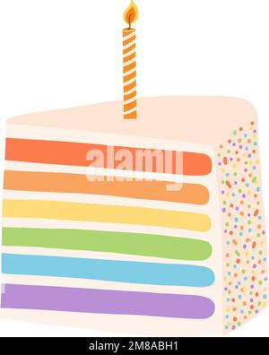 Gâteau d'anniversaire arc-en-ciel dessiné à la main avec bougie dans le style de dessin animé plat. Illustration vectorielle du dessert sucré, élément design pour carte, invitation, autocollant Illustration de Vecteur