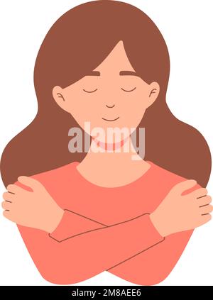 Une fille qui s'embrasse. Art de l'auto-portrait-Care, Love Yourself concept Vector illustration. Carte internationale de la femme. Illustration de Vecteur