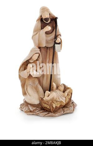 Ensemble de la scène de la nativité de Noël et figurines d'ange isolées sur fond blanc Banque D'Images