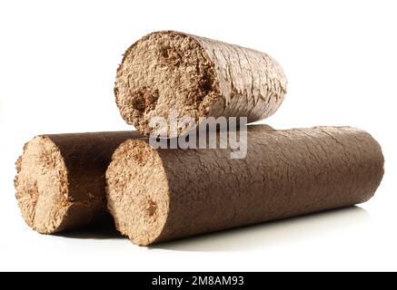 Briquettes rondes en bois dur Sawdust - billes de feu de bois à biomasse comprimée isolées sur fond blanc Banque D'Images