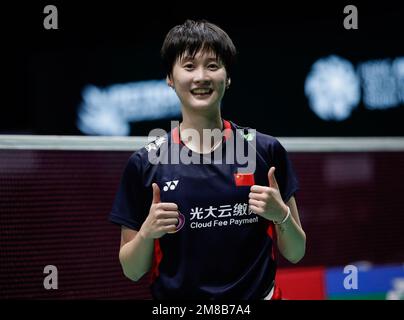 Kuala Lumpur, Malaisie. 13th janvier 2023. Chen Yufei, de Chine, célèbre après le match des femmes du Petronas Malaysia Open 2023 contre Carolina Marin, du Danemark, à l'Axiata Arena. Chen You FEI, de Chine, a gagné avec des partitions; 21/21:18/19. (Photo de Wong Fok Loy/SOPA Images/Sipa USA) Credit: SIPA USA/Alay Live News Banque D'Images