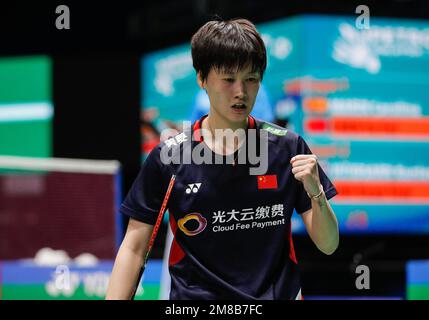 Kuala Lumpur, Malaisie. 13th janvier 2023. Chen Yufei, de Chine, célèbre après le match des femmes du Petronas Malaysia Open 2023 contre Carolina Marin, du Danemark, à l'Axiata Arena. Chen You FEI, de Chine, a gagné avec des partitions; 21/21:18/19. (Photo de Wong Fok Loy/SOPA Images/Sipa USA) Credit: SIPA USA/Alay Live News Banque D'Images