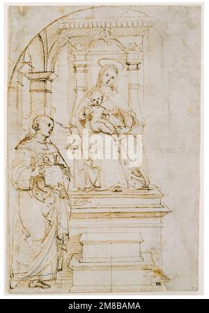 Raphael (Raffaello Sanzio de Urbino), esquisse pour une Vierge et un enfant entronés avec Saint Nicolas de Tolentino, dessin au stylo et à l'encre avec le point de passage, 1502-1504 Banque D'Images