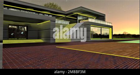 Bel éclairage jaune des éléments de design de l'élégant domaine moderne deux heures avant l'aube. Pavé en briques rouges et parquet près de t Banque D'Images