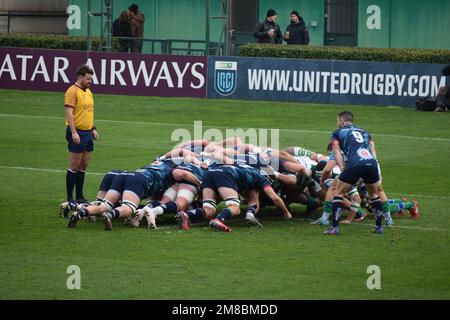 Scrum pendant Benetton / Ulster dans l'URC à Trévise, en janvier 2023 Banque D'Images
