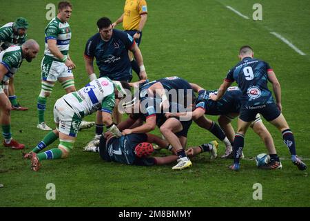 Scène lors d'un match de rugby joué à Trévise, en Italie, en janvier 2023, entre Benetton et Ulster Rugby Banque D'Images