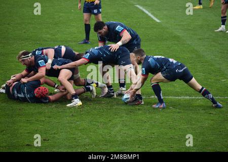 Scène lors d'un match de rugby joué à Trévise, en Italie, en janvier 2023, entre Benetton et Ulster Rugby Banque D'Images