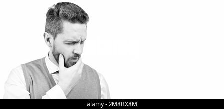 Homme visage portrait, bannière avec espace de copie. Homme stressé avec moustache ayant des maux de dents. Homme grizzled touche mâchoire. Banque D'Images