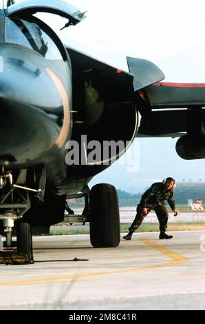 Un membre de l'unité de maintenance des aéronefs 42nd effectue une vérification finale avant le lancement d'un avion F-111E du Fighter Squadron 55th au cours des États-Unis Forces aériennes en Europe (USAFE) exercice Afficher détermination '89. Objet opération/série: AFFICHER LA DÉTERMINATION '89 base: Aviano Air base État: Pordenone pays: Italie (ITA) Banque D'Images