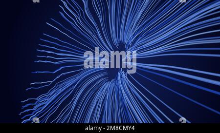 Arrière-plan bleu futuriste au néon. Arrière-plan abstrait créatif, fleur fantastique avec de minces pétales bleus. 3D rendu. Banque D'Images