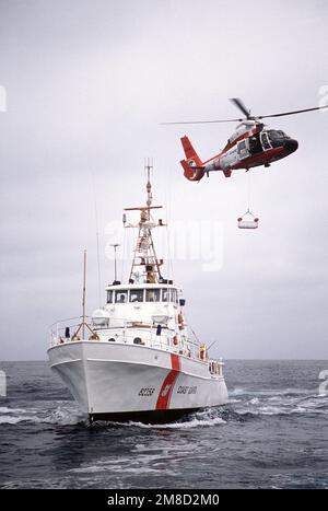 Un panier métallique est soulevé vers un hélicoptère Dophin HH-65A de la Garde côtière américaine après avoir transféré du matériel entre l'hélicoptère et le bateau de patrouille USCGC POINT STUART (WPB 82358) au cours d'une mission de routine. Pays : inconnu Banque D'Images