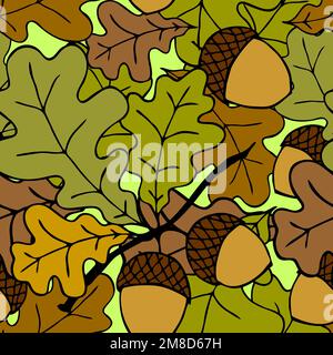 automne brillant motif sans couture de feuilles de chêne et d'acorns sur un fond vert, texture, design Banque D'Images