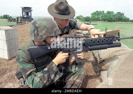 Un instructeur de forage indique à une recrue du bataillon 2nd comment utiliser la vue d'un lanceur de grenade M-209 monté sur un fusil M-16A2. Base: USMC Recruit Depot,Parris Island État: Caroline du Sud (SC) pays: États-Unis d'Amérique (USA) Banque D'Images