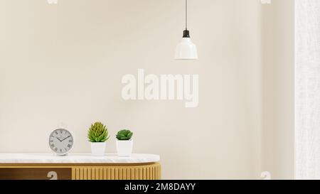 3D horloge blanche de rendu, Cactus placé sur l'armoire en bois dans la salle de séjour, lumière blanche dans le style minimal de salle de séjour Banque D'Images