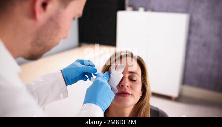 Soins de premiers soins pour les yeux par médecin. Plat de médecine. Douleur et blessure Banque D'Images