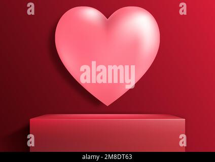 Bonne Saint Valentin 3D plateforme rouge réaliste podium avec coeur rose sur fond rouge. Vous pouvez utiliser pour la maquette d'affichage de produit pour amant. Vecteur illus Illustration de Vecteur