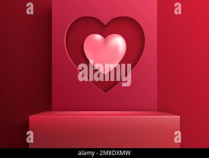 Bonne Saint Valentin 3D plateforme rouge réaliste podium avec coeur rose sur fond rouge. Vous pouvez utiliser pour la maquette d'affichage de produit pour amant. Vecteur illus Illustration de Vecteur