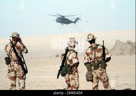 Trois Marines regardent un hélicoptère CH-53E Super Stallion pour un atterrissage pendant l'opération Desert Shield. Objet opération/série : BOUCLIER DU DÉSERT pays : Arabie saoudite (SAU) Banque D'Images