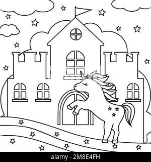 Licorne au château de princesse, contour noir, vecteur de coloration. Illustration de Vecteur