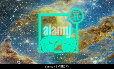 Gémeaux. Signe du zodiaque. Horoscope. Vol spatial à travers la constellation. Banque D'Images