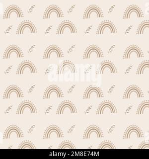 motif sans couture d'arc-en-ciel brun dessiné à la main et de feuilles sur fond beige Banque D'Images