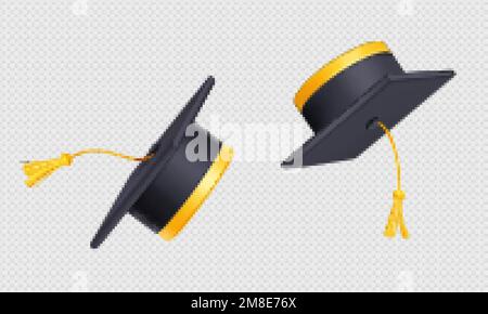 Jeter les capuchons de graduation dans l'air. Chapeau académique noir volant avec corde jaune pampille isolé sur fond transparent, 3D illustration vectorielle, angle Illustration de Vecteur