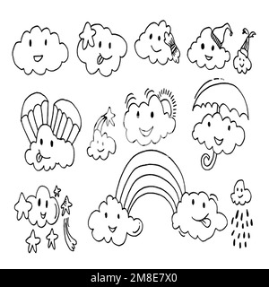 Icônes de prévisions météorologiques kawaii. Illustration amusante de nuages vectoriels dessinés à la main.Vector. Illustration de Vecteur