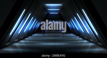 Hall sombre avec porte en métal fermée et éclairage de la lampe bleu néon. Illustration vectorielle réaliste d'un laboratoire secret, d'un vaisseau extraterrestre, d'un abri de bombe i Illustration de Vecteur
