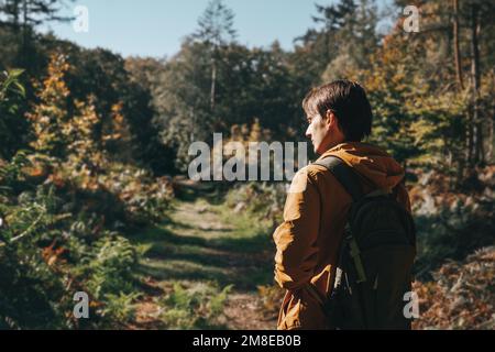 Jeune homme voyageur avec des promenades à dos dans la forêt ensoleillée. Chemins forestiers. Voyages et vie active Banque D'Images