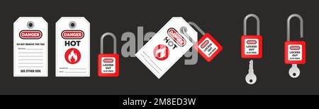 Verrouiller, étiqueter avec une illustration de vecteur de balise active danger. Danger et ne pas retirer cette étiquette d'avertissement. Illustration de Vecteur