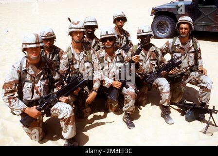 Un portrait de groupe des membres de 1st Squad, 3rd PLT., Co C, 1st BN., 505th parachute Infantry Regt., 82nd Airborne Dive., pendant l'opération Desert Shield. Rangée avant, à partir de la gauche : SPÉC. Jeffrey Bright, PERSONNEL SGT. John L. Steffes, PERSONNEL SGT. Christopher Romano (chef d'équipe), PERSONNEL SGT. Morgan Livingston et PFC. David L. Reynolds. Rangée arrière, à partir de la gauche : SPÉC. Daniel Roberts, SPEC. Jay Anderson et PFC. Krista Johnson. Objet opération/série : BOUCLIER DU DÉSERT pays : Arabie saoudite (SAU) Banque D'Images