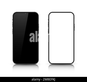 Deux maquettes de smartphones avec écran noir et blanc. Téléphones mobiles 3D réalistes avec ombres et lumières sur fond gris. Illustration de Vecteur
