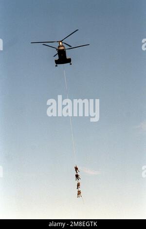 Un membre de l'équipe 8 de Sea-Air-Land (SCEAUX) et des commando français pendent d'une corde d'insertion/extraction de patrouille spéciale (SPIE) suspendue à un hélicoptère du 6 e Escadron de soutien au combat (HC-6) CH-46D Sea Knight au cours d'une mission d'entraînement conjointe. L'équipe DES PHOQUES 8 fournit des équipes d'embarquement pour aider les navires de la Force d'interception maritime à appliquer les sanctions américaines contre l'Irak pendant l'opération Desert Storm. Sujet opération/série: TEMPÊTE DANS LE DÉSERT pays: Mer Rouge Banque D'Images