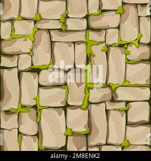 Mur de pierre, pavé de briques, rochers avec mousse, fond de jeu en style de dessin animé, surface texturée sans couture. Ressource de jeu UI, matériau de route ou de plancher. Illustration vectorielle Illustration de Vecteur