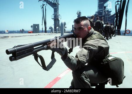 Un membre du détachement de la Marine du porte-avions à propulsion nucléaire USS THEODORE ROOSEVELT (CVN-71) prend pour objectif un fusil de chasse de calibre M-870 12 lors de l'entraînement de l'équipe d'embarquement à bord du lubrificateur USNS JOSHUA HUMPRHEYS (T-AO-188). Les Marines sont formées par des membres de l'équipe Sea-Air-Land (SEAL) 8, qui a fourni des équipes d'embarquement pour aider à l'application des sanctions commerciales de l'ONU contre l'Iraq pendant l'opération Desert Storm. Sujet opération/série: TEMPÊTE DANS LE DÉSERT pays: Mer Rouge Banque D'Images