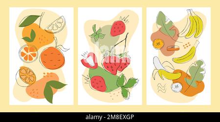 Ensemble de dessins abstraits faits main d'oranges, de fraises et de bananes. Design pour affiches, cartes, emballages et cartes de vœux. Dessins de fruits Illustration de Vecteur