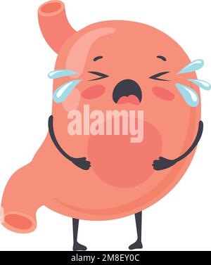 Mascotte d'estomac en pleurs. Personnage de problème de digestion de dessin animé isolé sur fond blanc Illustration de Vecteur