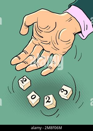 Rouleaux à main 2023. Homme d'affaires lance les dés avec 2023. L'homme s'est rendu compte que 2023 était venu. Illustration de Vecteur