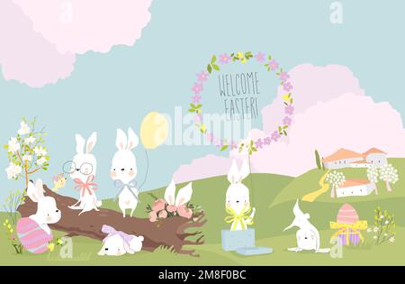 De jolis lapins de dessin animé célébrant Pâques sur Spring Meadow Illustration de Vecteur