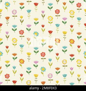 Fleurs lumineuses avec visages kawaii, motif vectoriel sans couture. Idéal pour le textile, l'emballage, l'emballage, le scrapbook Illustration de Vecteur