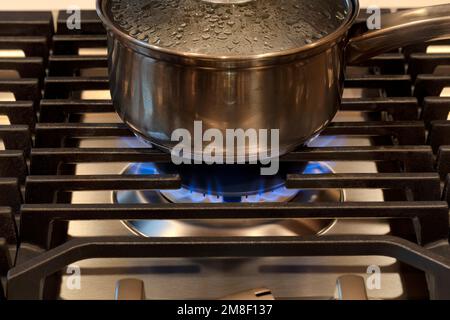 Cuisine moderne cuisinière avec poêle. Flamme de gaz gros plan sur un brûleur de cuisinière à gaz naturel avec grill en métal Banque D'Images